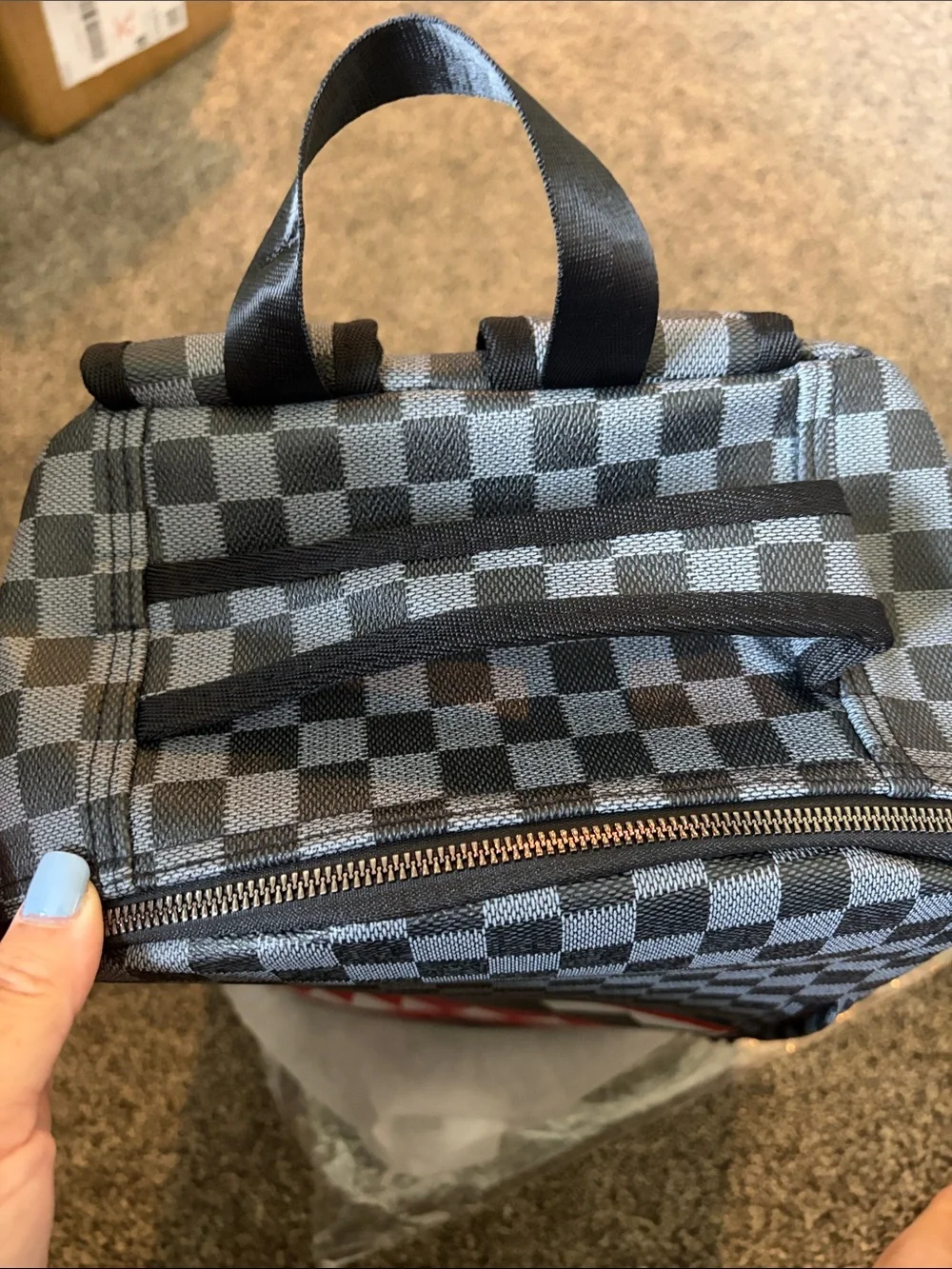 NEW Never Used Checkered Black & Gray Shark Graphic Backpack - Red Accent